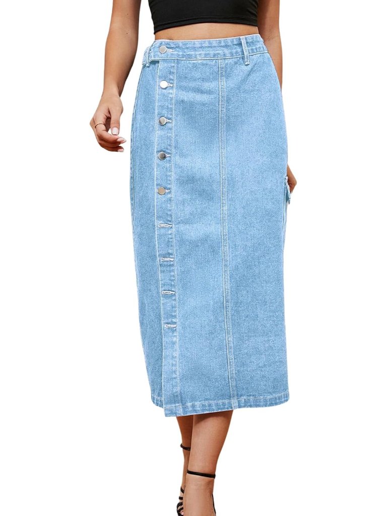 Women's Casual High Waist Denim Mid Skirt Slit Button Up Jean Skirts With Pocket